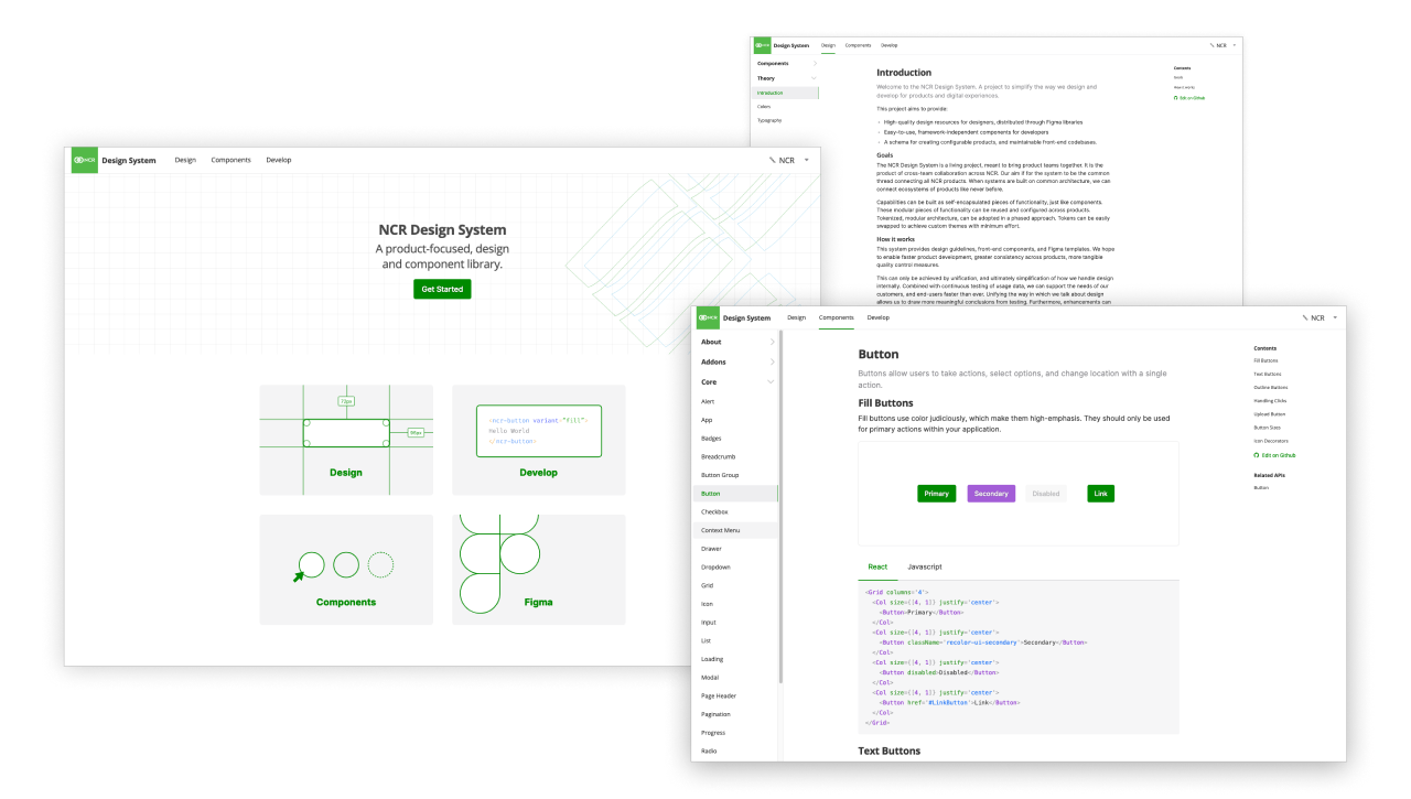 three screenshots of the final UI design of the design system site