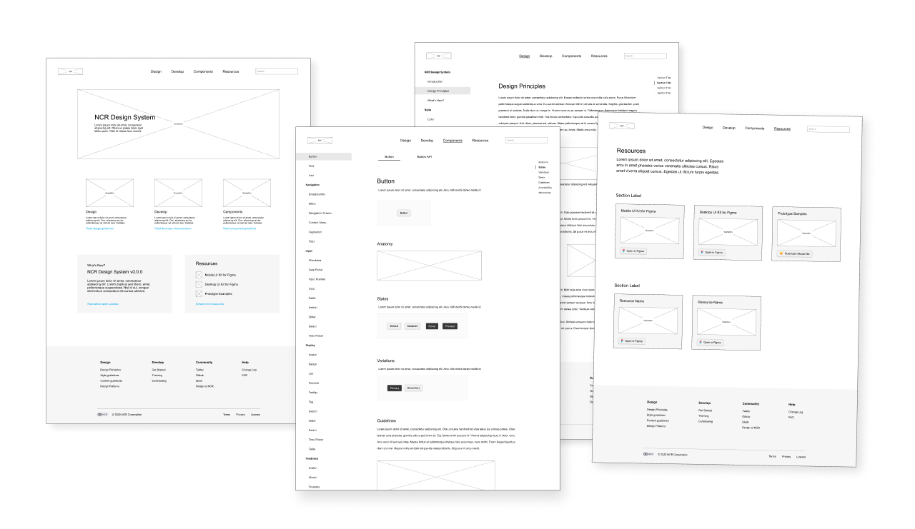 four wireframe screens of the design system site early design