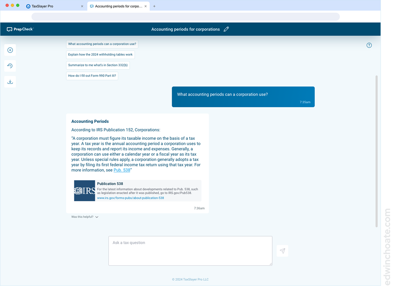 a chat interface where the user is asking a question about accounting periods and an AI responds with a quote from the IRS