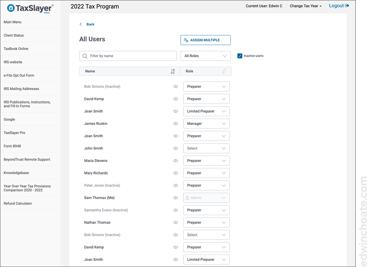 a list view titled All Users that shows every user in the system and which role they've got assigned to them