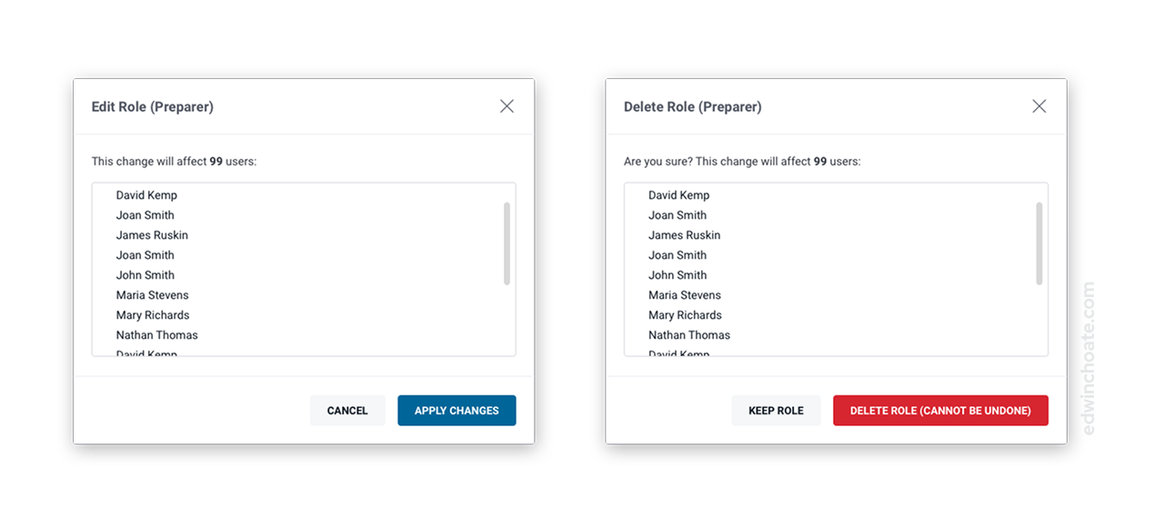 dialogs showing the user they are about to affect 99 users and displaying the list of users to get confirmation before taking the action