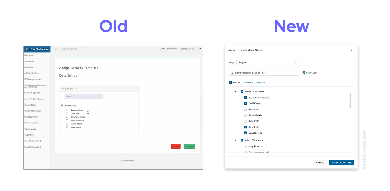 the old way of assigning roles to multiple users juxtaposed next to the new interface for doing that