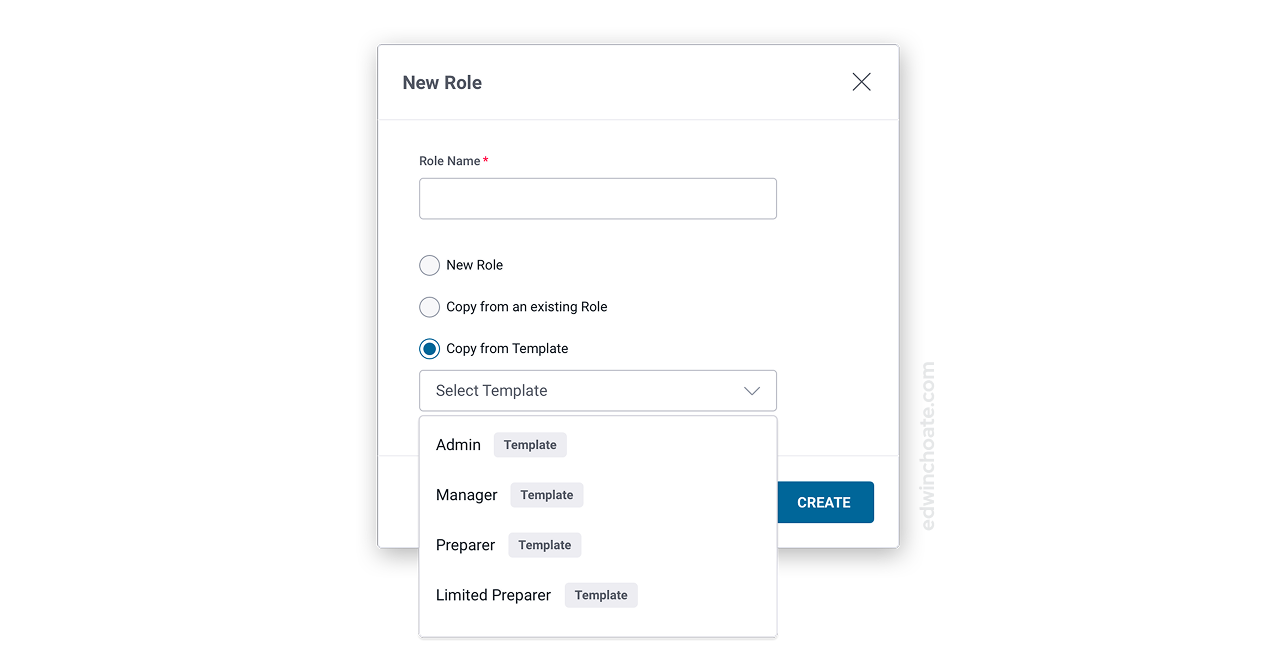 a dialog presenting the user with options to copy the new role from an existing one, or create the new role from a pre-defined template