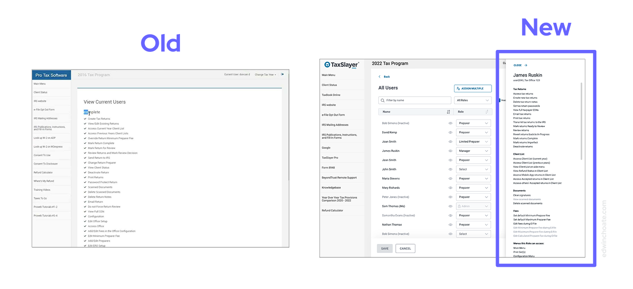 the old way of seeing a users permissions which was a full page juxtaposed next to the new way of seeing a users permissions which is now a side drawer