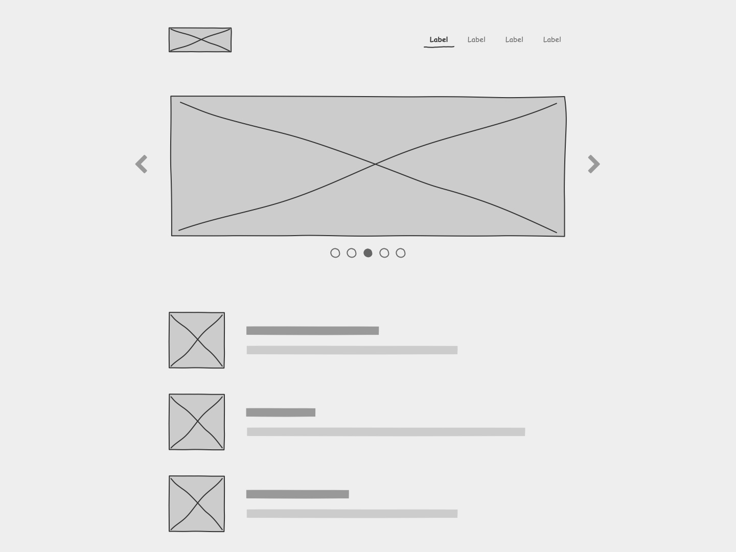 a wireframe of the home page of a website rendered in a hand-drawn look