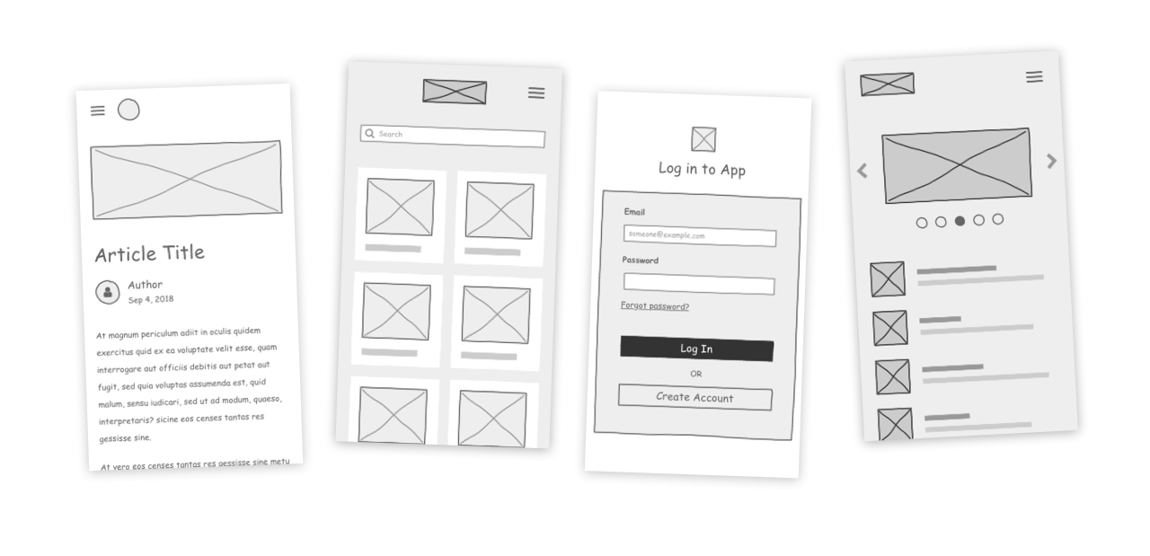 four mobile wireframes showing different layouts made with the Sketchy system