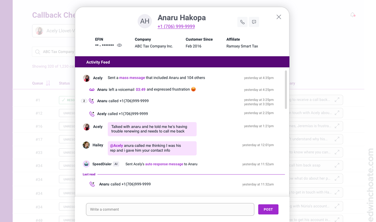 a screen design showing a unified thread containing actions, chat, AI contributions, and calls