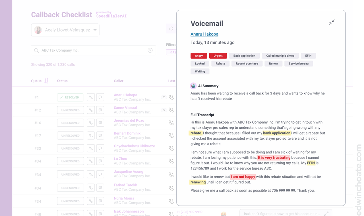 a view that shows a voicemail transcript that's been highlighted by AI