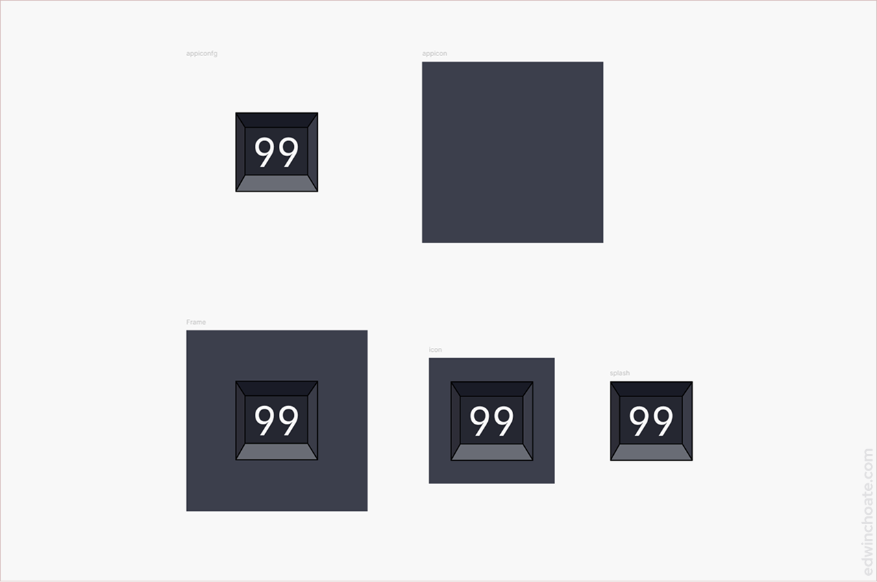 a Figma canvas showing 5 variations of the app icon design