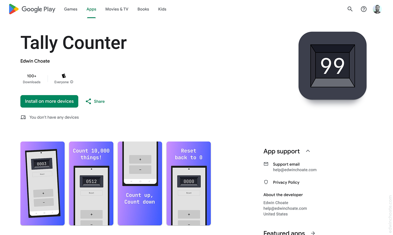 screenshot of the Google Play Store webpage for the Tally Counter app by Edwin Choate