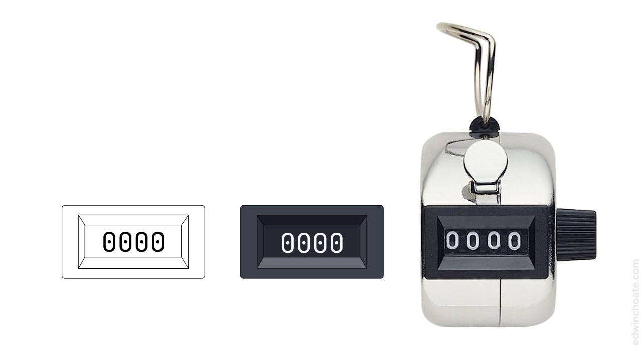 a digital vector of a tally counter numeric display side by side next to a physical one showing that they visuals are similar