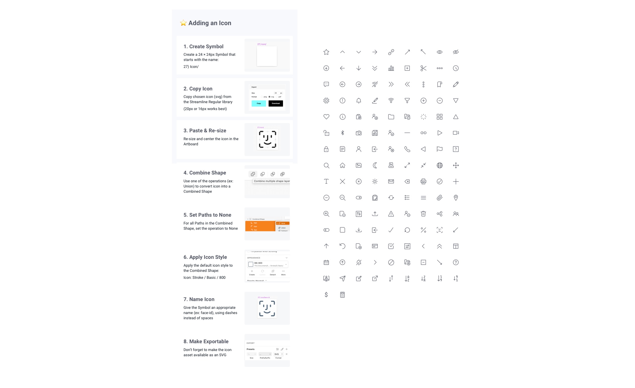 a set of icons on a canvas next to instructions for how to add a new icon to the library