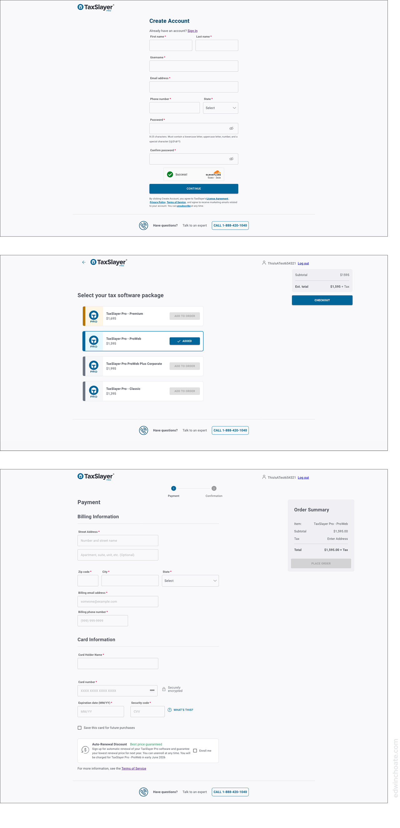 screenshots of the built version of the software: the Creat Account screen, the product selection screen, and the Payment Screen