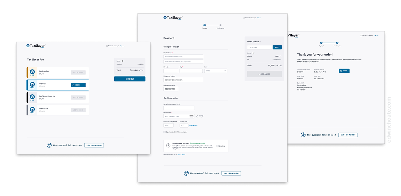 two screenshots from an ecommerce interface, one showing a shopping page, and the other showing an order page