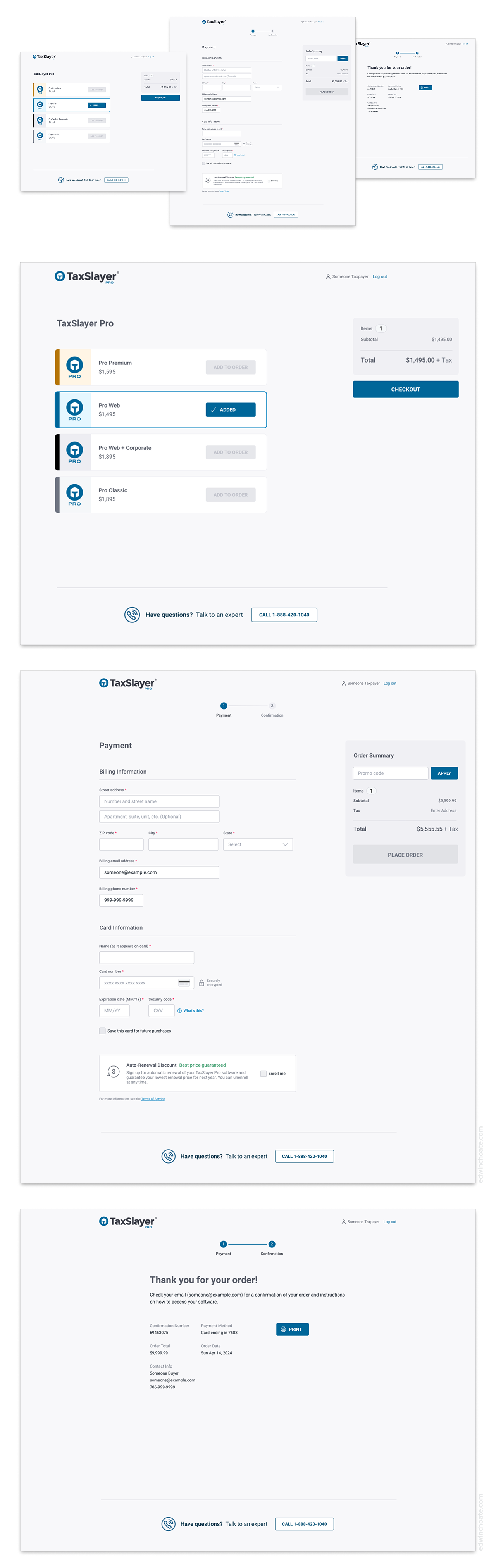 the finished design, with three screens: Choose Package, Payment, and Order Confirmation
