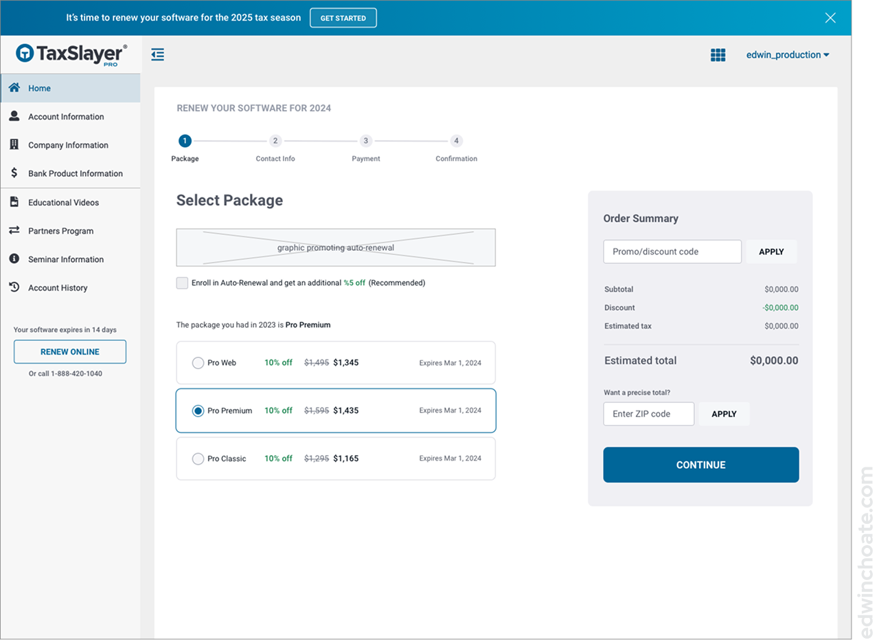 a screen showing a purchase flow embedded in the software post-login